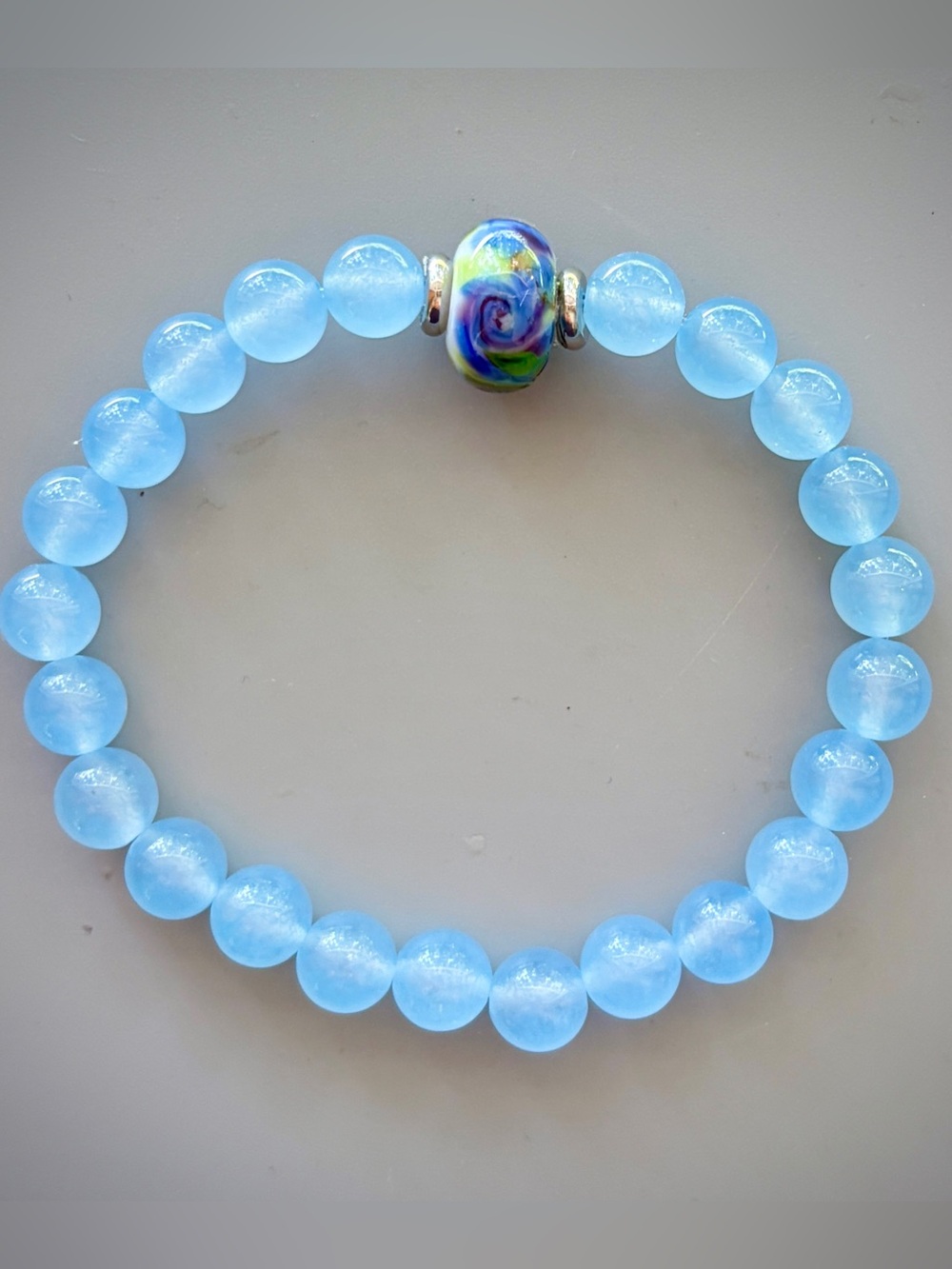 Bright Blue Chalcedony and Blue Lampwork Bead Handcrafted Bead Bracelet